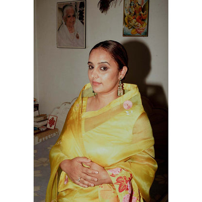 Label Earthen Champai Gulab Yellow Floral Printed Woven Saree with Stitched Blouse