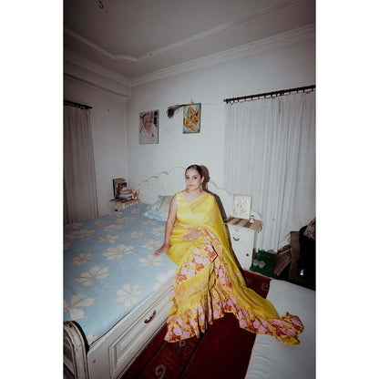 Label Earthen Champai Gulab Yellow Floral Printed Woven Saree with Stitched Blouse