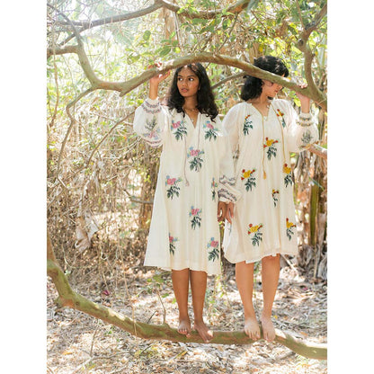 Label Earthen Ivory and Yellow Chanderi Silk Dress