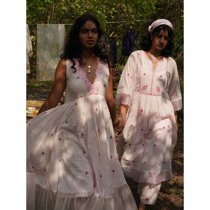 Label Earthen Baby Pink Jamdani Embroidery Dress