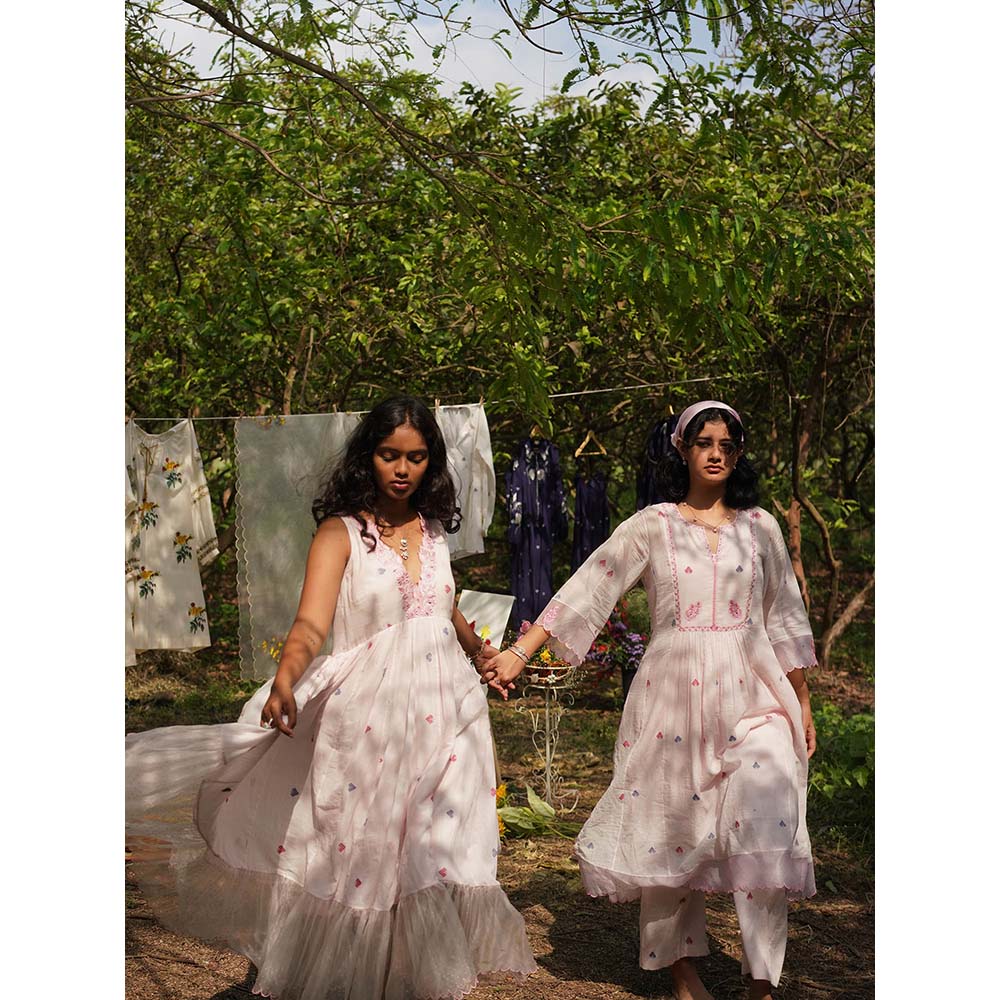 Label Earthen Baby Pink Jamdani Embroidery Dress