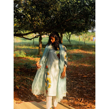 Label Earthen Blue Chanderi Embroidery Detailing Kurta and Trouser (Set of 2)