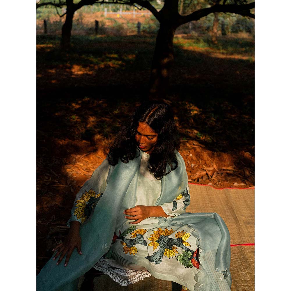 Label Earthen Blue Chanderi Embroidery Detailing Kurta and Trouser (Set of 2)