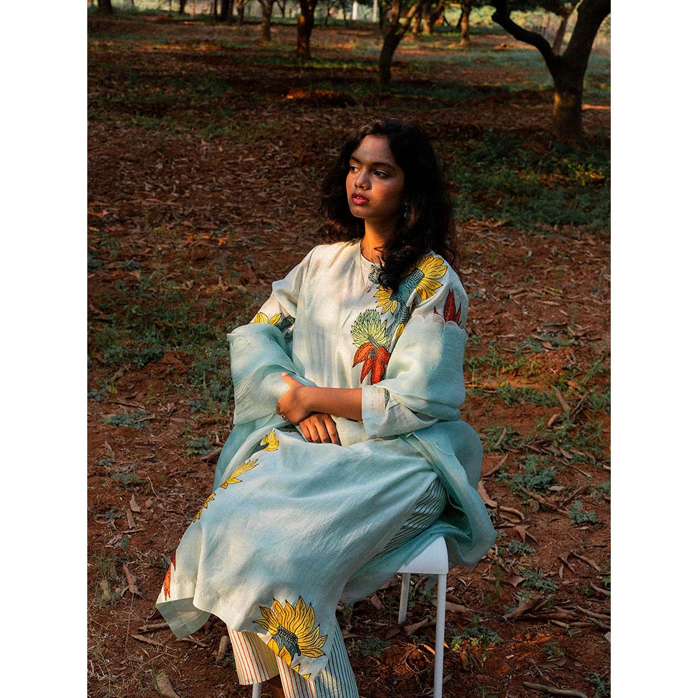 Label Earthen Blue Chanderi Embroidery Detailing Kurta and Trouser (Set of 2)