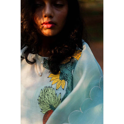 Label Earthen Blue Chanderi Embroidery Detailing Kurta and Trouser (Set of 2)