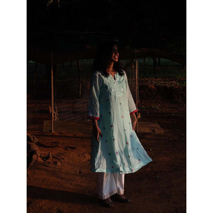 Label Earthen Aqua Blue Yoke Hand Embroidery Detailing Kurta and Trouser (Set of 2)