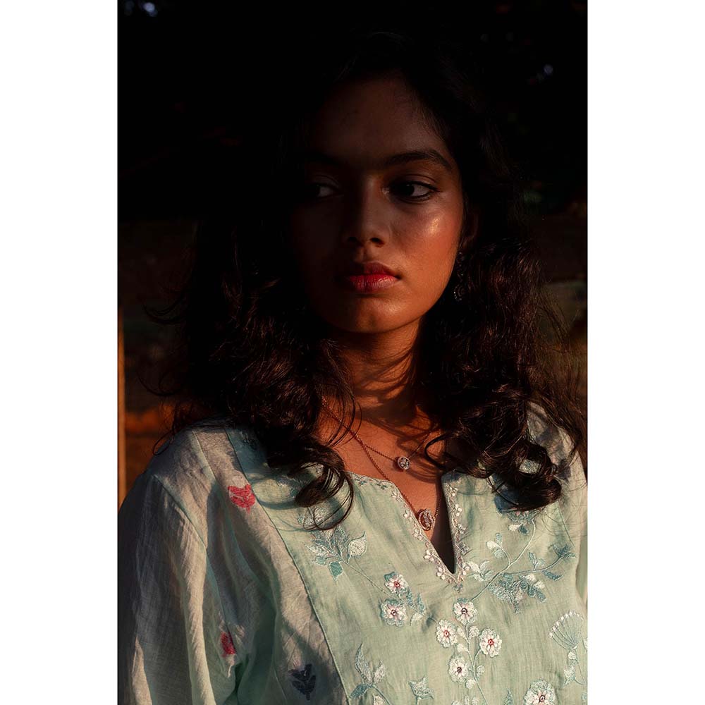 Label Earthen Aqua Blue Yoke Hand Embroidery Detailing Kurta and Trouser (Set of 2)