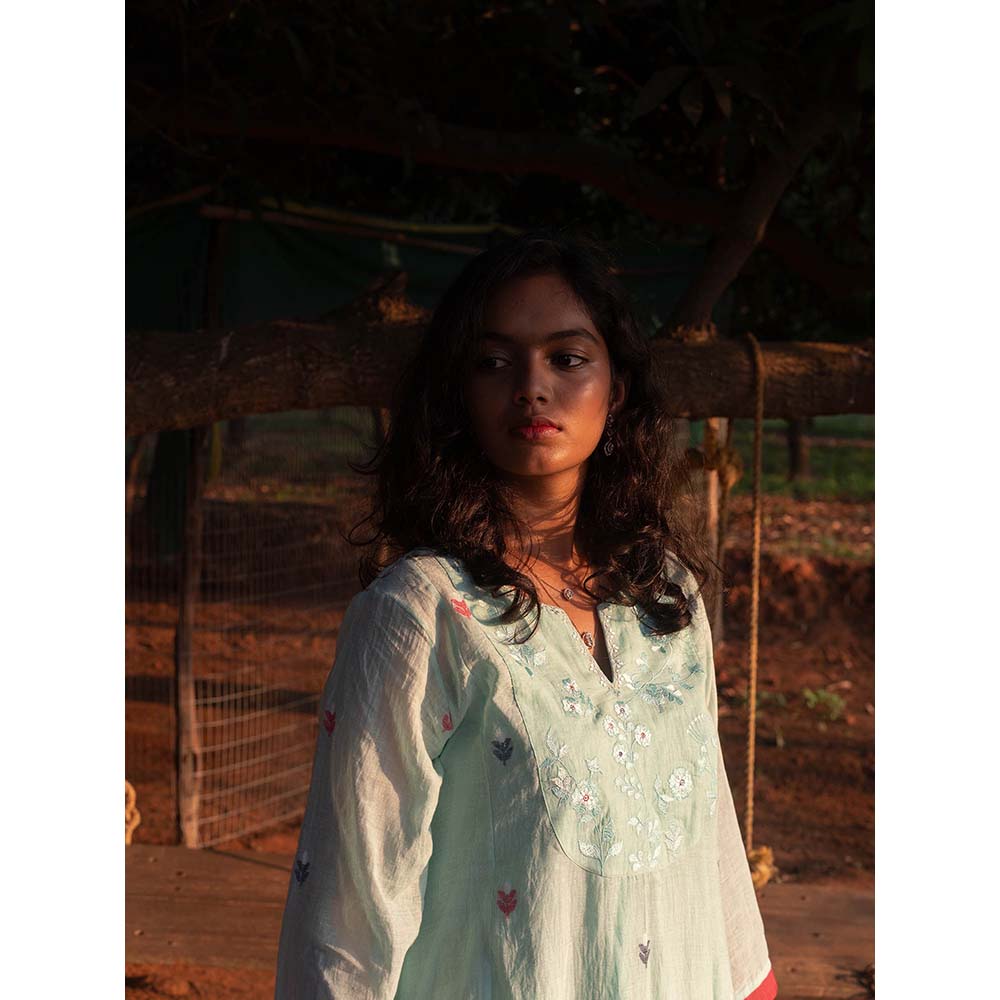 Label Earthen Aqua Blue Yoke Hand Embroidery Detailing Kurta and Trouser (Set of 2)