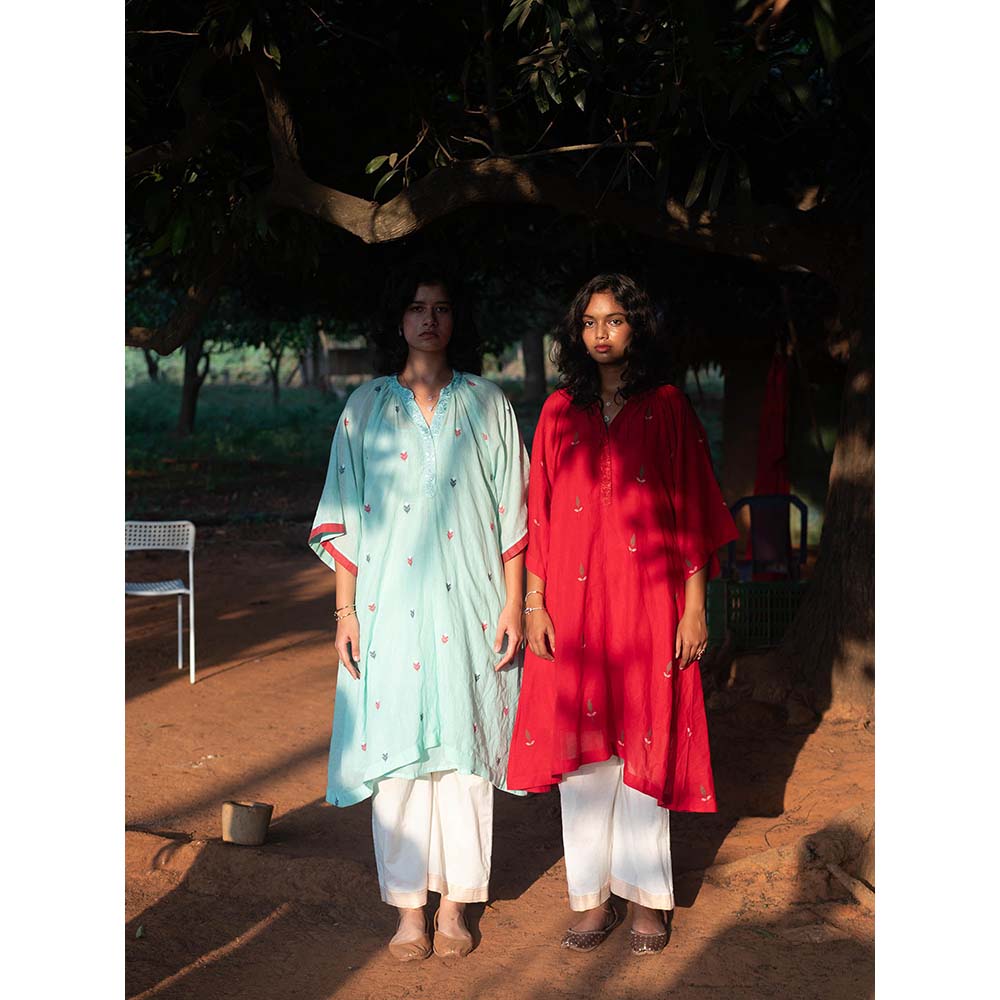 Label Earthen Aqua Blue Yoke Hand Embroidery Detailing Kurta and Trouser (Set of 2)