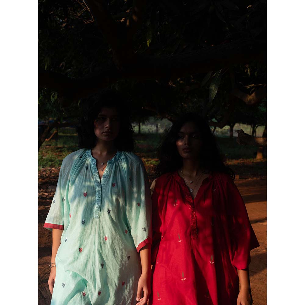 Label Earthen Aqua Blue Yoke Hand Embroidery Detailing Kurta and Trouser (Set of 2)