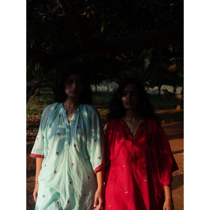 Label Earthen Aqua Blue Yoke Hand Embroidery Detailing Kurta and Trouser (Set of 2)