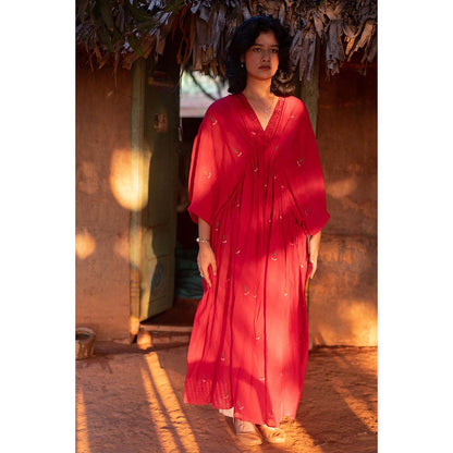 Label Earthen Red Embroidery Detailing Kaftan