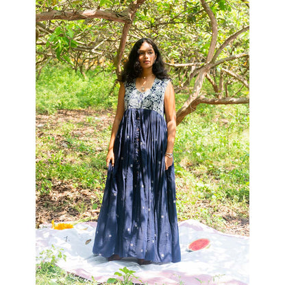 Label Earthen Navy Blue Sleeveless Kalidaar Embroidery Detailing Dress