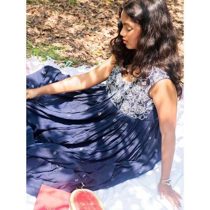 Label Earthen Navy Blue Sleeveless Kalidaar Embroidery Detailing Dress