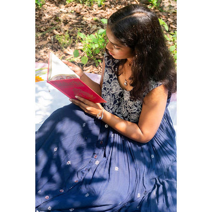 Label Earthen Navy Blue Sleeveless Kalidaar Embroidery Detailing Dress