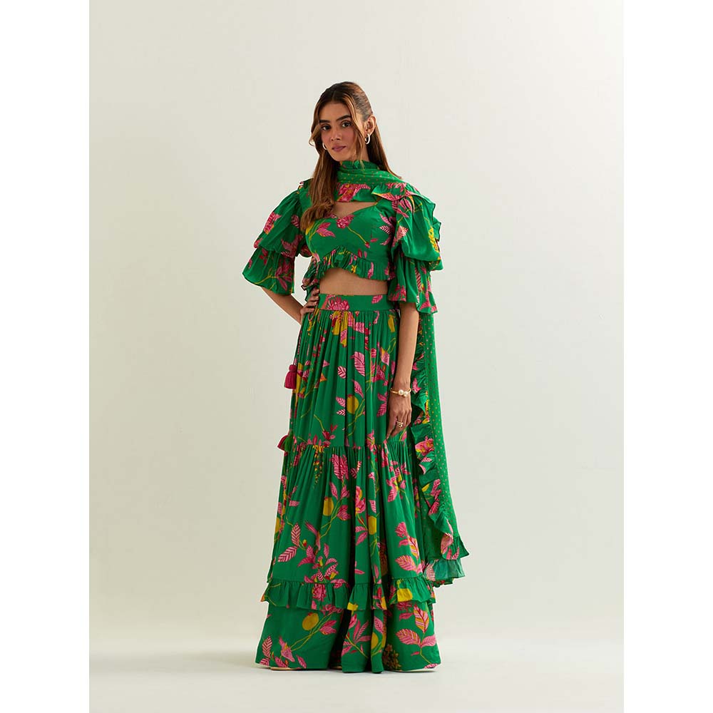 Label Earthen Green Anaira Skirt with Blouse and Dupatta (Set of 3)