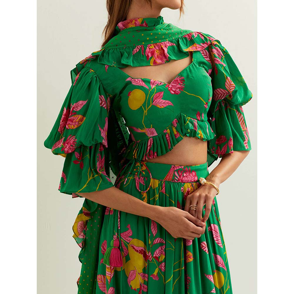 Label Earthen Green Anaira Skirt with Blouse and Dupatta (Set of 3)