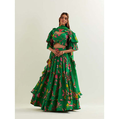 Label Earthen Green Anaira Skirt with Blouse and Dupatta (Set of 3)