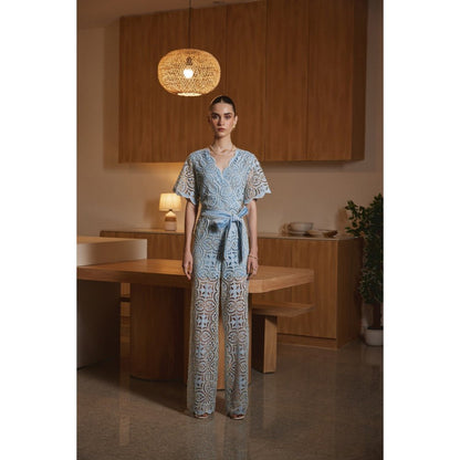 Label Deepika Nagpal Blue Jaselle Jumpsuit with Belt (Set of 2)