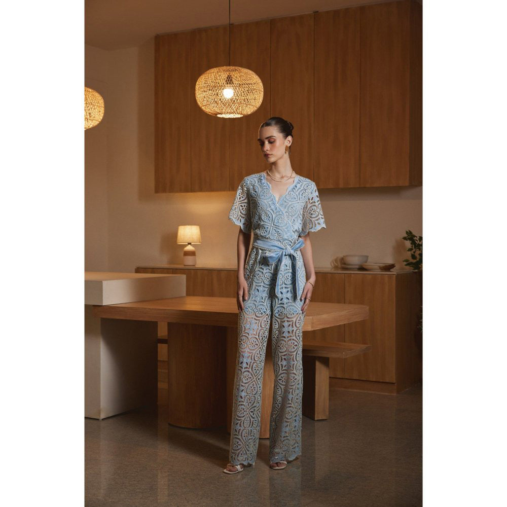 Label Deepika Nagpal Blue Jaselle Jumpsuit with Belt (Set of 2)