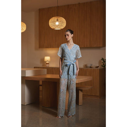 Label Deepika Nagpal Blue Jaselle Jumpsuit with Belt (Set of 2)