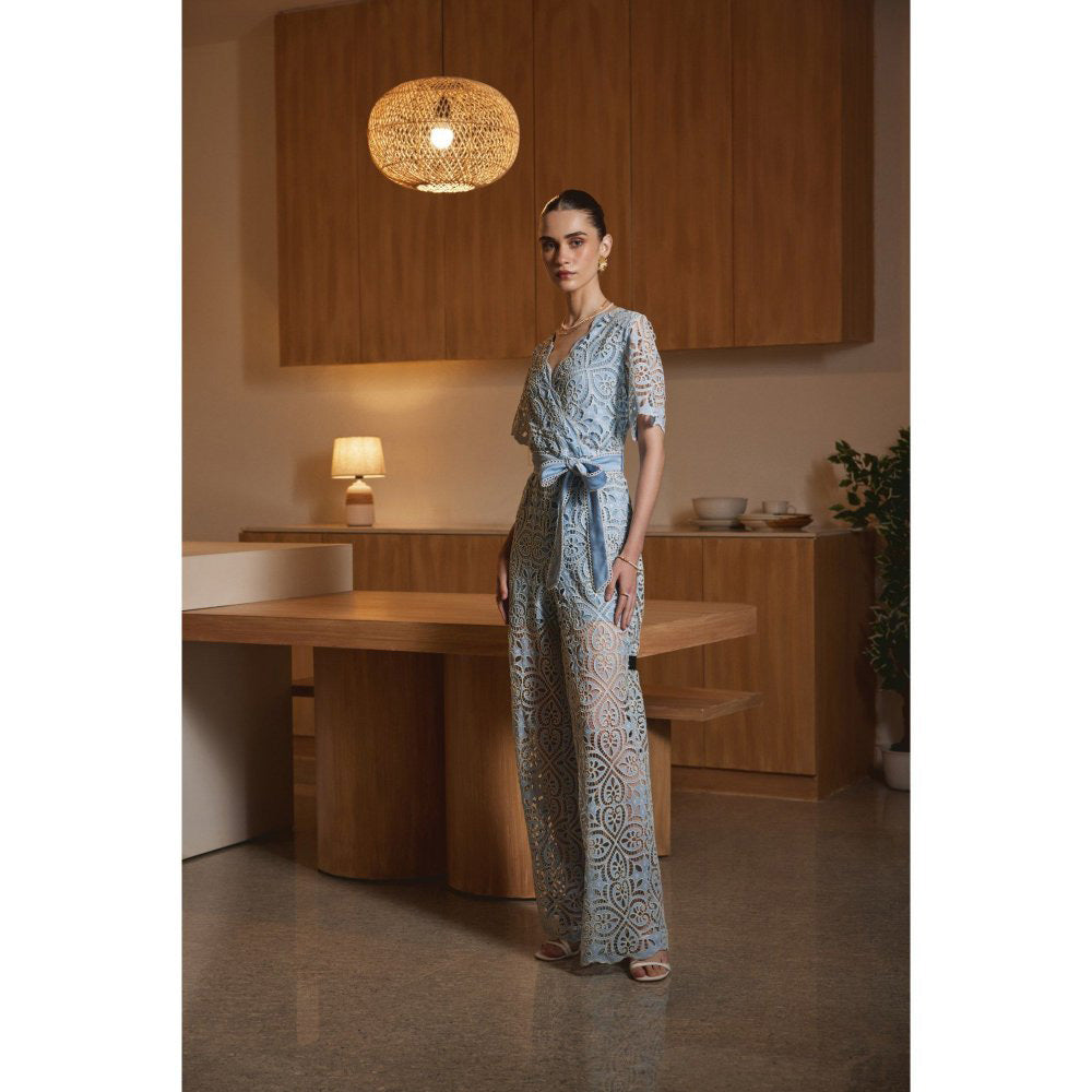 Label Deepika Nagpal Blue Jaselle Jumpsuit with Belt (Set of 2)