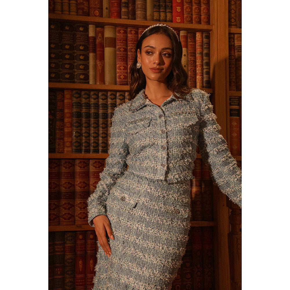 Label Deepika Nagpal Blue Embroidered Lana Skirt with Cropped Blazer (Set of 2)