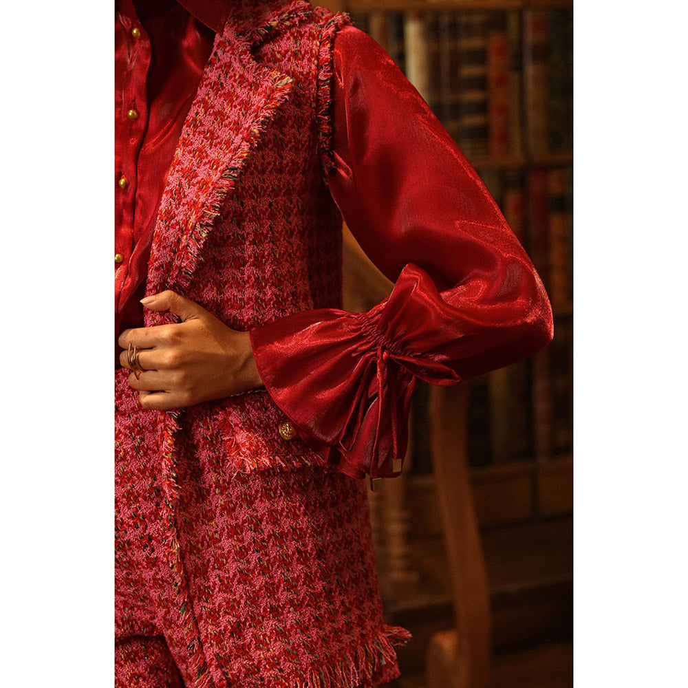 Label Deepika Nagpal Red Embroidered Joe Shirt with Shorts and Blazer (Set of 3)