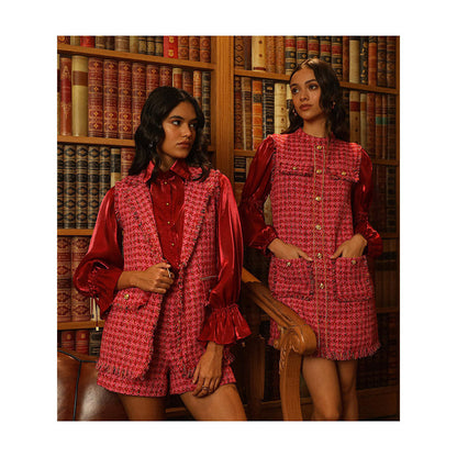 Label Deepika Nagpal Red Embroidered Joe Shirt with Shorts and Blazer (Set of 3)