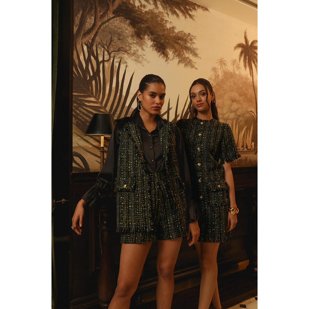 Label Deepika Nagpal Black Embroidered Joe Shirt with Shorts and Blazer (Set of 3)