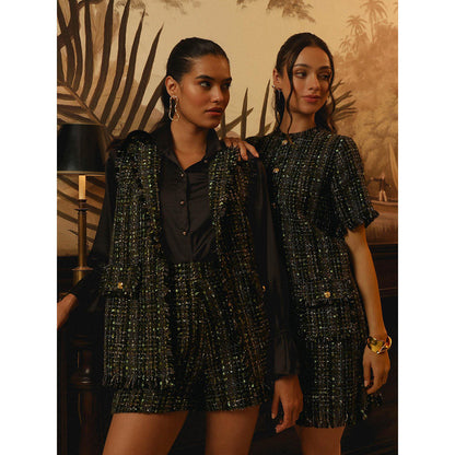 Label Deepika Nagpal Black Embroidered Joe Shirt with Shorts and Blazer (Set of 3)