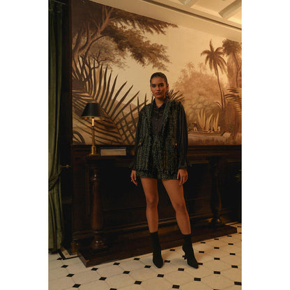 Label Deepika Nagpal Black Embroidered Joe Shirt with Shorts and Blazer (Set of 3)