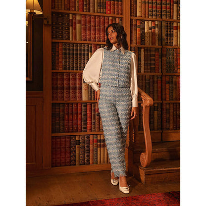 Label Deepika Nagpal Blue Embroidered Emma Shirt with Pant and Vest Coat (Set of 3)