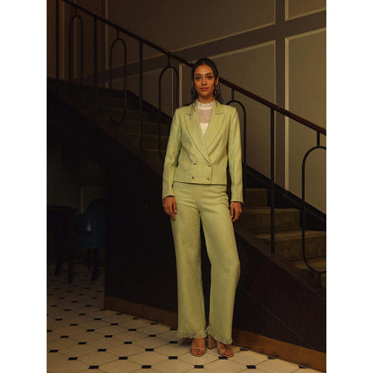 Label Deepika Nagpal Green Textured Kate Top with Blazer and Pant (Set of 3)