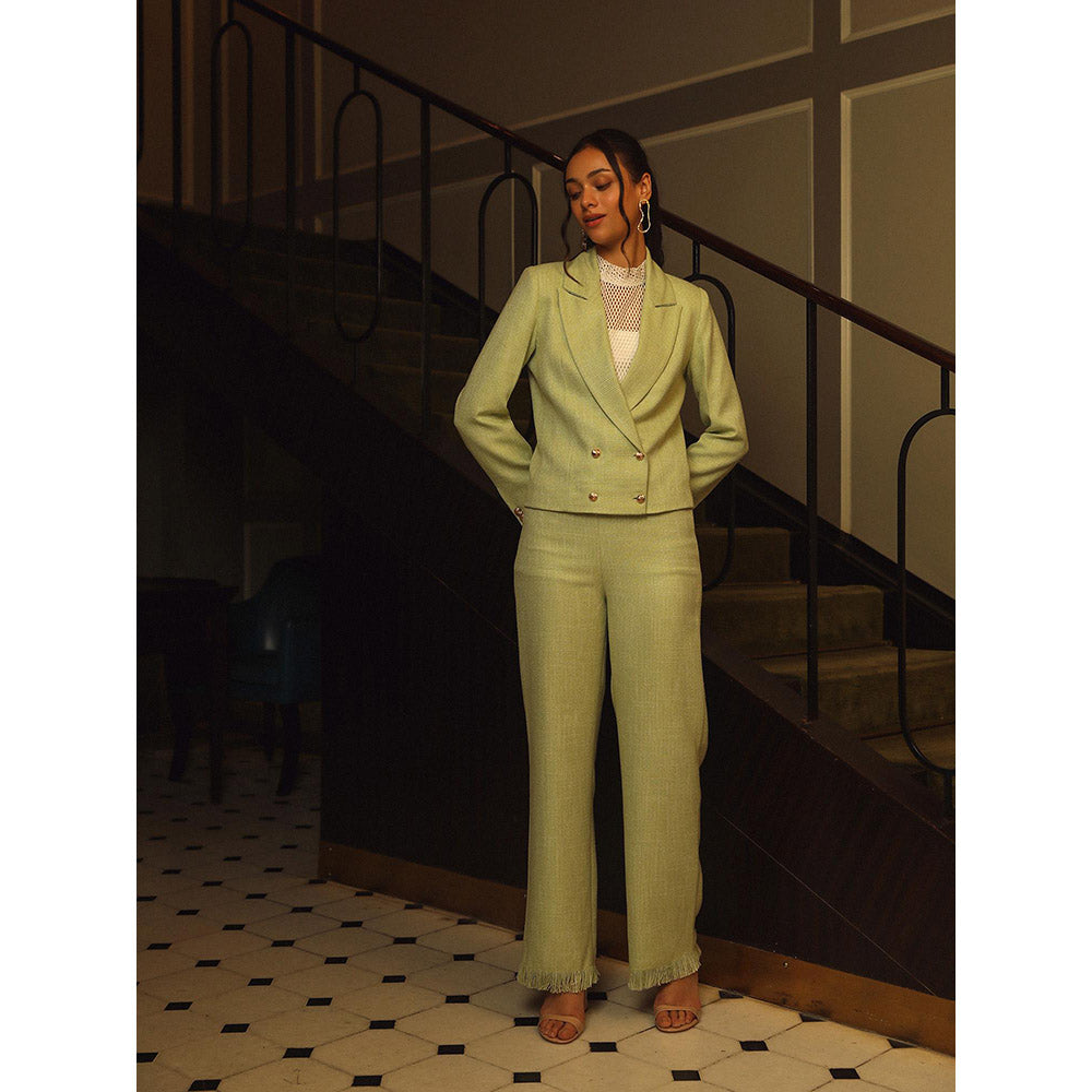 Label Deepika Nagpal Green Textured Kate Top with Blazer and Pant (Set of 3)