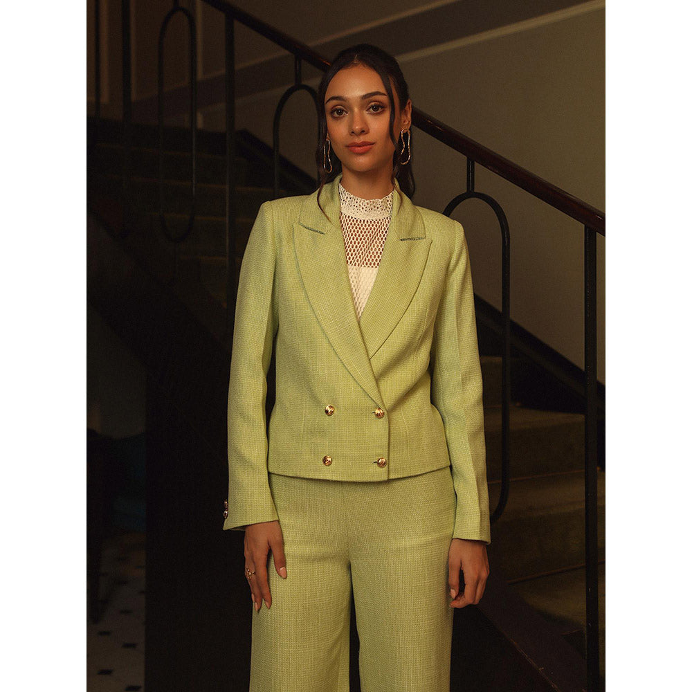 Label Deepika Nagpal Green Textured Kate Top with Blazer and Pant (Set of 3)