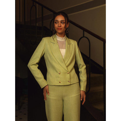 Label Deepika Nagpal Green Textured Kate Top with Blazer and Pant (Set of 3)