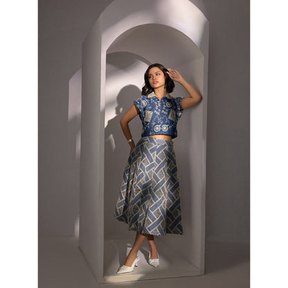Label Deepika Nagpal Blue Nina Scrabble Shirt and Skirt (Set of 2)