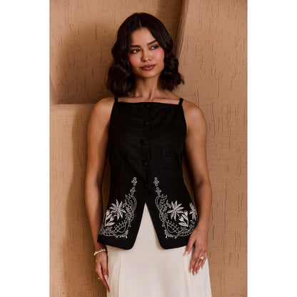Label Deepika Nagpal Black Zora Waistcoat with Skirt (Set of 2)