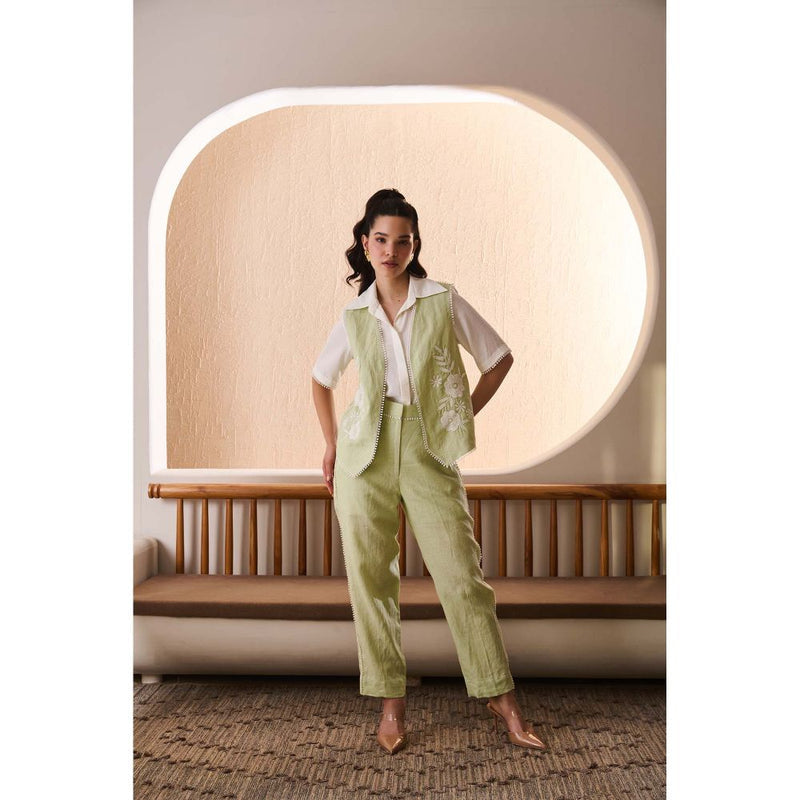 Label Deepika Nagpal Green Emiliana Shirt with Pant and Jacket (Set of 3)