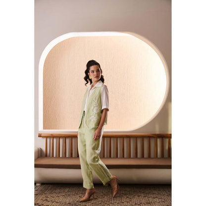 Label Deepika Nagpal Green Emiliana Shirt with Pant and Jacket (Set of 3)