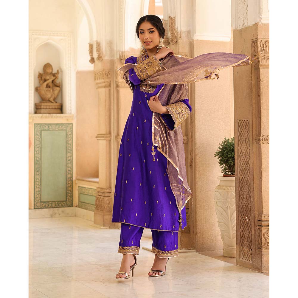 Label Niti Bothra Purple Riwayat V-Neck Kurta with Palazzo and Dupatta (Set of 3)