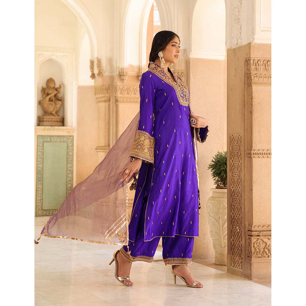 Label Niti Bothra Purple Riwayat V-Neck Kurta with Palazzo and Dupatta (Set of 3)