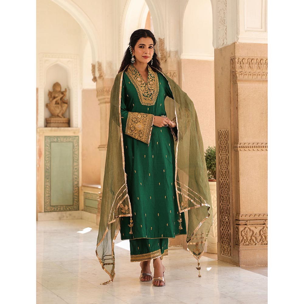 Label Niti Bothra Green Riwayat V-Neck Kurta with Palazzo and Dupatta (Set of 3)