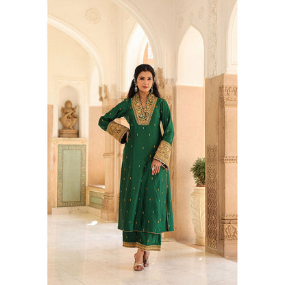 Label Niti Bothra Green Riwayat V-Neck Kurta with Palazzo and Dupatta (Set of 3)