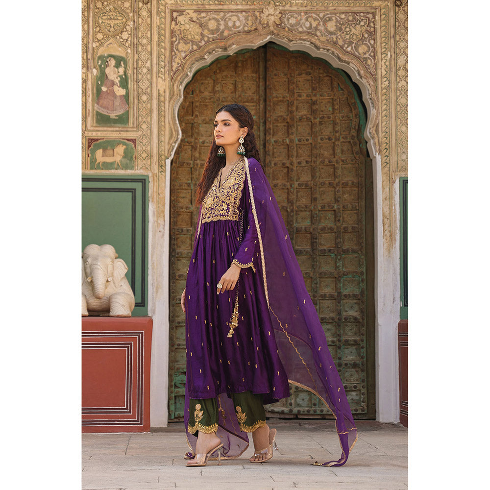Label Niti Bothra Purple Riwayat Overlap Angarkha Kurta with Pant and Dupatta (Set of 3)