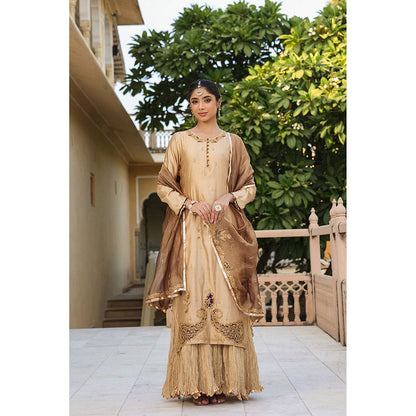 Label Niti Bothra Beige Riwayat Embroidered Kurta with Skirt and Dupatta (Set of 3)