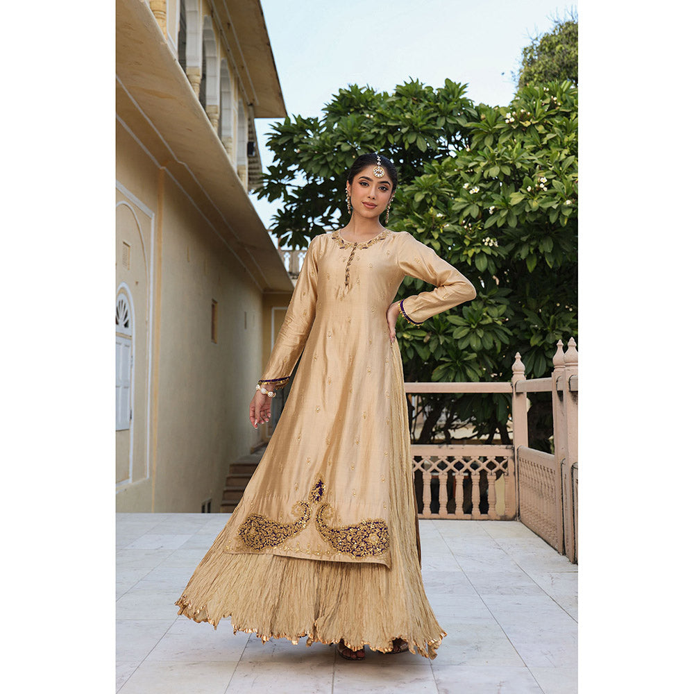 Label Niti Bothra Beige Riwayat Embroidered Kurta with Skirt and Dupatta (Set of 3)