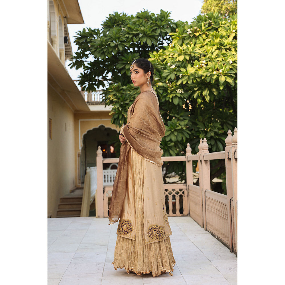 Label Niti Bothra Beige Riwayat Embroidered Kurta with Skirt and Dupatta (Set of 3)