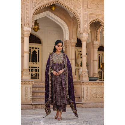 Label Niti Bothra Purple Riwayat Printed Embroidered Kurta with Pant and Dupatta (Set of 3)